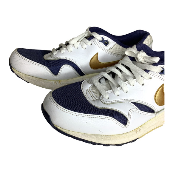 Nike Shoes Mens 9 White Blue Gold Air Max 1 Essential Olympic 2015 Swoosh 537383 - Picture 8 of 11